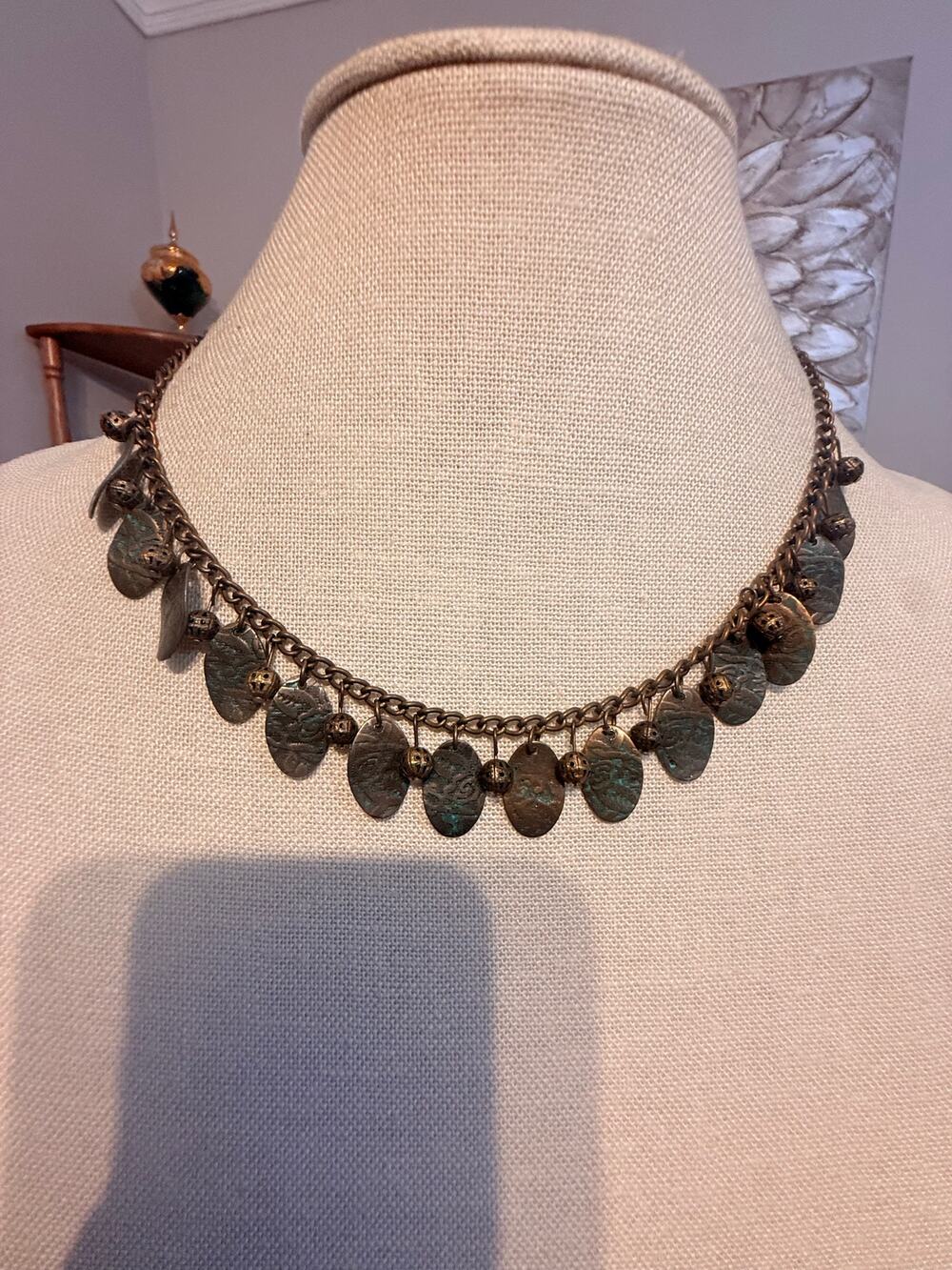 Vintage Patina Disc Dangle Necklace 18” + 3”